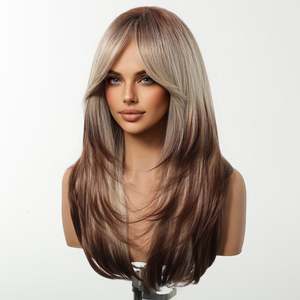 Erica-DWY 22-Inch Glueless Synthetic <b>Wig</b> for Women Machine Made Mid-Length Straight Bleach Blonde <b>Brown</b> Ends Transparent Lace - Product Image 4