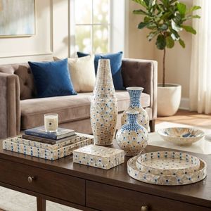 Ensemble de vases en mosaïque de coquillages modernes avec motif à pois bleus pour la décoration de la maison, design géométrique fait main - Product Image 1