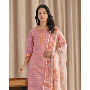 Hand Drawn Pink <b>Block</b> <b>Printed</b> Cotton Anarkali Kurta Pant Set Pakistani Style Indian Ethnic Wear with Salwar - Product Image 1