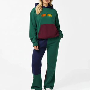 <b>Women</b> Color Blocking Hoodie And <b>Jogger</b> Pants Set Cotton <b>Fleece</b> Casual Streetwear Autumn Full Sleeve Loose Fit With Drawstring - Product Image 1