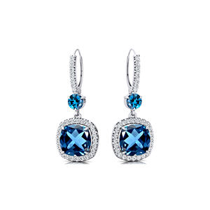 Boucles d'oreilles pendantes en or massif 18 carats avec topaze bleue naturelle de Londres et diamants faits à la main pour femmes - Product Image 1
