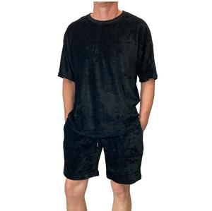 Nouveau design de short en velours à motif de blocs de couleurs Ensemble de sweat double en velours surdimensionné à épaules tombantes Ensembles courts respirants - Product Image 2