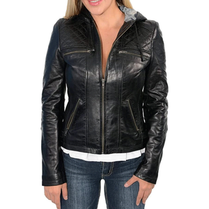 Chaquetas de moda informales de piel de cabra coñac de calidad superior para mujer con capucha y chaqueta con cierre de cremallera - Product Image 3