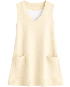 Women Sleeveless Knit Sweater Vest Light <b>Beige</b> V Neck Pocket Design Winter Wear Custom Manufacturer Wholesale OEM Supplier Trade - Product Image 1