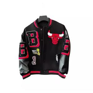 Custom Men's Wool Letterman <b>Varsity</b> <b>Jacket</b> Stand Collar Real Leather with Coated Embroidery Patches <b>Black</b> <b>and</b> <b>Red</b> Color - Product Image 2