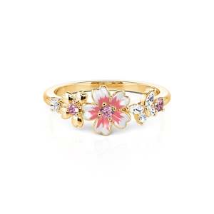 Jeulia Gold Plated Pink Enamel Sakura Cherry Blossom <b>Adjustable</b> <b>Ring</b> - Product Image 1