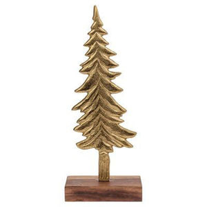 Escultura de árbol de Navidad de aluminio dorado moderno con base de madera rústica hecha a mano elegante centro de mesa para el hogar - Product Image 1