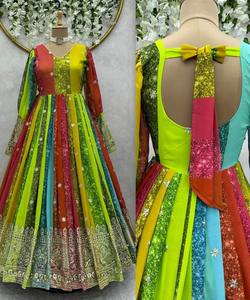 Nouvelle robe de mariée indienne ethnique pour femmes, en coton et soie, avec bordure en dentelle dorée moderne, multicolores, lavable - Product Image 4