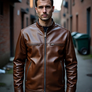 Veste en cuir à fermeture éclair OEM pour hommes, vestes en cuir à col rabattu vintage de style de rue personnalisées, manteau en cuir véritable pour hommes - Product Image 4