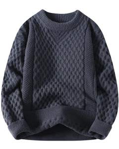 Dark Grey Warm Textured Knit Sweater For <b>Men</b> Soft Winter Pullover Casual Round Neck Thick Cozy Fabric Stylish Daily Wear - Product Image 1