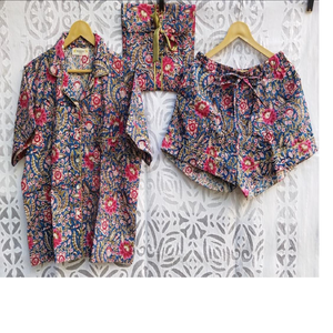 ชุดสวมใส่กลางคืนพิมพ์ลายบล็อกผ้าฝ้ายพร้อมด้านบนและกางเกงขาสั้นบรรจุในซองผ้าฝ้ายที่เหมาะสำหรับการขายต่อ - Product Image 6