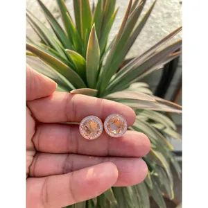 925 Silver Round Morganite <b>Stud</b> <b>Earrings</b> Gold Plated with Bezel Setting for Wedding or Engagement - Product Image 2