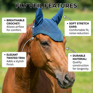 Blue Crochet Comfortable High Quality Horse Fly Veil Matching Ear Covers Subtle Sparkle Trim Handmade Equestrian <b>Bonnet</b> for - Product Image 2