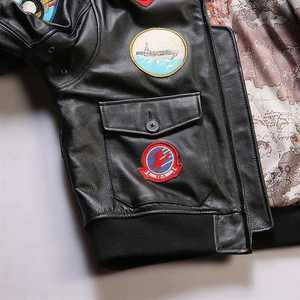 Gran oferta, chaqueta de aviador con parche de cuero de vaca A1 para hombre, chaqueta de cuero bordada con cuello de piel de cordero - Product Image 6