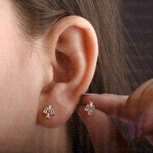 ต่างหูเม็ดกลมทรงบาแกตต์ทรงเรียวทอง18K แบบกดด้านหลังผลิตใน10K/14K - Product Image 5