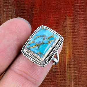 ทำด้วยมือ925ที่เป็นของแข็งแหวนเงินสเตอร์ลิงทองแดงธรรมชาติสีเทอร์ควอยซ์แปดเหลี่ยมการตั้งค่าฝาฝังแฮนด์เมดเครื่องประดับเงิน - Product Image 4