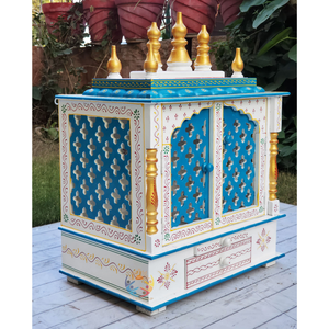 Temple mural en bois Hindu Mandir fabriqué à la main pour la maison Pooja Room avec tiroir et conception de sculpture complexe - Product Image 2