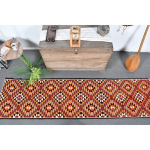 Alfombra Kilim turca vintage de 23x88 pies, diseño de retales naranja y rojo llamativo, Alfombra de yute de lana de tejido plano para adolescentes para uso en el pasillo - Product Image 5
