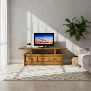 Mueble de TV Moderno Rústico de Madera de Teca con 3 Cajones, Madera Desgastada, Sostenible y Duradero, Mueble de Salón para el Hogar con Función de Almacenamiento - Product Image 1