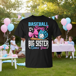 T-shirt 'Big Sister Loves You' per Rivelazione del Sesso del Bambino, Design Baseball o Fiocchi per Eventi Promozionali - Product Image 3