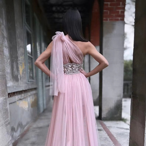 Women's Sleeveless A-Line Evening Dress with One-Shoulder Neck Embroidery Bridal Gown for Export - Product Image 1