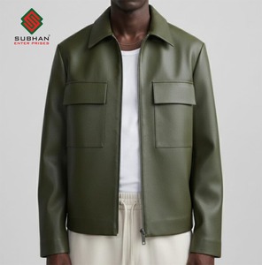 <b>Men's</b> Winter Casual <b>Trucker</b> <b>Jackets</b> Olive Green Synthetic Leather Mandarin Collar Zipper Solid - Product Image 3