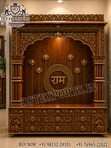 Mandir en bois de teck Vedic Tree Kalpavriksha, armoire de temple traditionnelle en bois avec sculptures de l'Arbre de Vie et d'éléphant, USA - Product Image 5