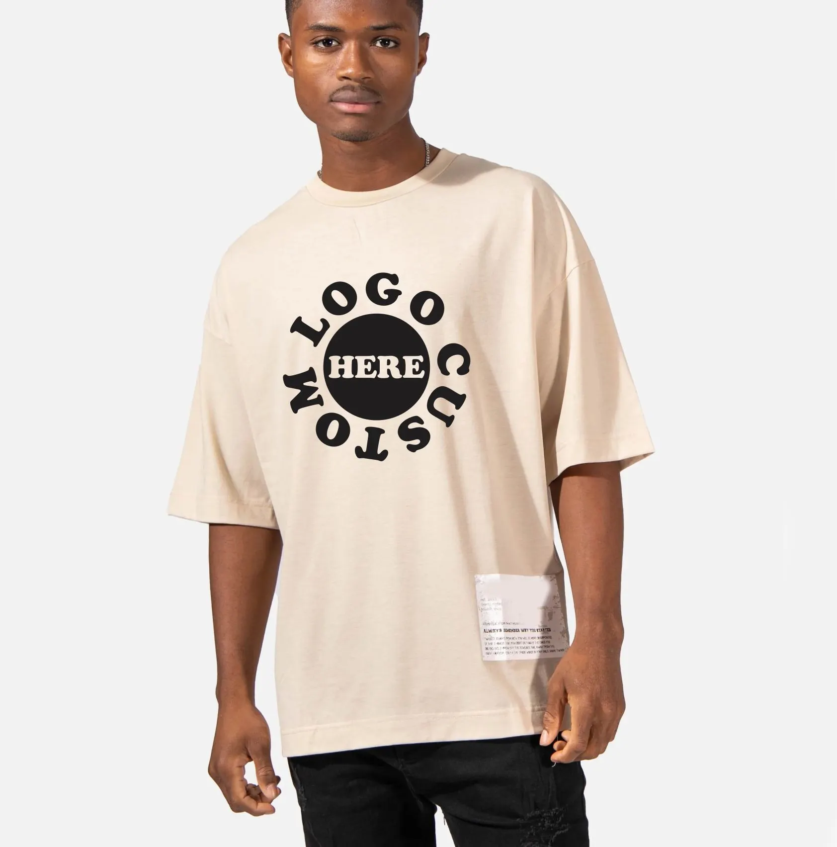 Pemasok Bintang Lima Warna Krem Leher Bulat Ukuran Plus Tshirt / Tee Shirt Logo Kustom Drop Bahu Cetak Puff 3D Kebesaran