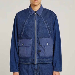 Chaqueta utilitaria de mezclilla azul oscuro para hombre con bolsillos de gran tamaño, ropa de calle informal con cremallera, abrigo funcional moderno - Product Image 2