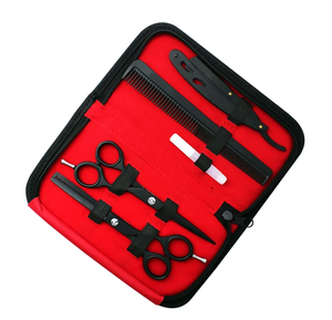 Étui en cuir noir ensemble enduit métal acier barbier rasoir amincissement coupe cisaillement avec étui en cuir cheveux outils et accessoires Kit - Product Image 2