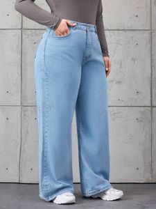 Pantalons en jean cargo droits à taille mi-haute en denim extensible décontracté pour femmes grandes tailles, coupe confortable, parfait pour le port quotidien - Product Image 5