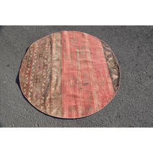 Vintage Turkish <b>Rug</b> 4.4 X 4.4ft Large Area Red Beige Wool Patchwork Design for Hallway <b>Bedroom</b> Rectangular Shape Latex Backing - Product Image 1