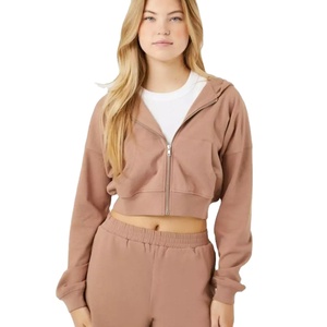 Fashion Women's Winter Knitted <b>Cropped</b> <b>Zip</b>-<b>Up</b> Hoodie Sweatshirt Blank Hooded Jacket Front Custom Printing OEM Wholesale Supplier - Product Image 1