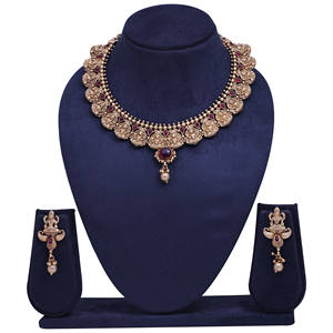 Collares de mujer de latón antiguo ortodoxo estilo de templo del sur de la India boda Kempu piedra mate chapado indio exportación listo suministro - Product Image 1