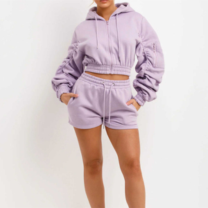 Logo personnalisé 2 pièces hommes été recadrée à capuche ensemble manches longues fermeture éclair français éponge haut court décontracté imprimé style pour les femmes - Product Image 3