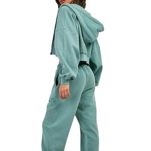 Solid Color Plain Dyed Women's Cropped Zipper Jacket With High Elastic Waist Jogger Pants Sets <b>Ladies</b> Crop Tracksuits Set - Product Image 2