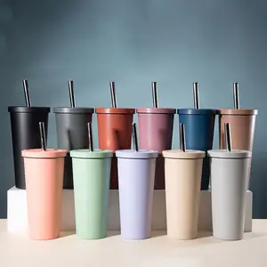 Factory 710ml 24oz stainless steel double wall reusable stainless steel coffee tumbler bubble tea reusable cup with straw