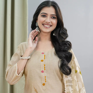 Kurti de fête élégante en coton slub de Neeta Creation, imprimé floral, travail de dentelle, multicolore, matériaux recyclés, sans plis - Product Image 1