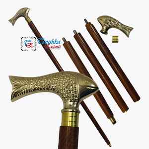 Ajustable chapado en oro de latón pulido cabeza de pez mango marrón de madera moderno bastón para hombres mujeres precio al por mayor ancianos - Product Image 2