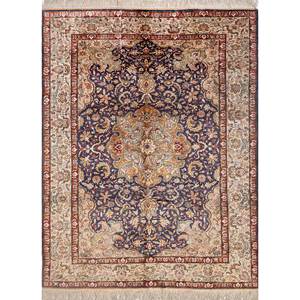 Tapis en soie bleue noués à la main Gulmarg Pae-5867, rectangulaires, en viscose, à motifs médaillon et patchwork abstrait, techniques artisanales pour la maison et la voiture - Product Image 1