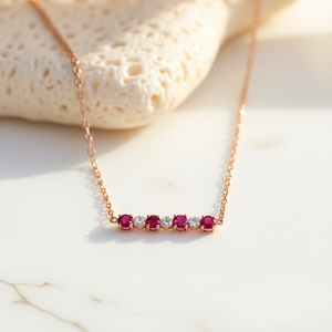 Alta calidad 14K oro sólido delicado rubí y Diamante racimo barra Collar personalizado moderno enlace cadena excelente joyería fina regalo - Product Image 2