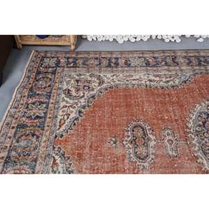 Alfombra turca Vintage de 6,9x10,8 pies, diseño de retazos naranja y azul, técnica de tejido plano de lana, látex para decoración de sala de estar - Product Image 5