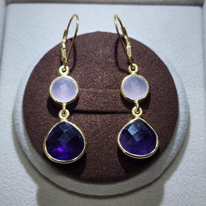 Calcédoine Aqua plaquée or en argent sterling 925 et pierre précieuse d'améthyste africaine Boucles d'oreilles classiques uniques faites à la main - Product Image 6