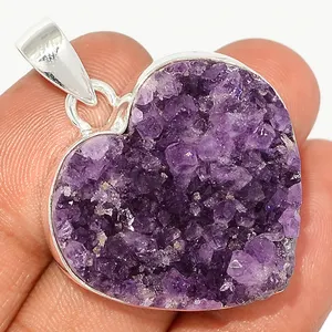 Amethyst Cluster Druzy Gemstones 925 Sterling Silver Jewellery Heart Neckalce