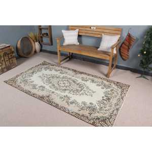 Tapis vintage turc 3,7x6,9 pieds, tapis à carreaux marron et blanc - Product Image 1