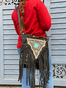 New Best Seller Hand Tooled Leather Western <b>Women</b> Crossbody Purse <b>Hair</b> on Cowhide Fringe Conceal Carry Genuine Leather Handbag - Product Image 2