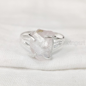Anillo de plata de ley 925 con piedra natural de cuarzo rosa en bruto, joyería de piedra rugosa, anillo bohemio gitano, piedra de nacimiento de abril para mujer - Product Image 4