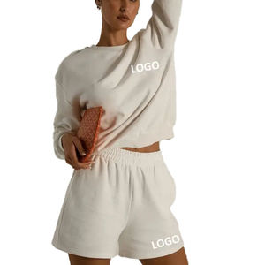 Conjunto Deportivo de Dos Piezas para Mujer, Sudadera de Algodón con Cuello Redondo y Pantalones Cortos de Felpa, Estilo Informal - Product Image 1