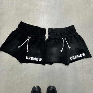 <b>Mens</b> Summer Cotton Sweat <b>Shorts</b> Custom Puff Print Sun Faded Acid Wash Raw Hem Double <b>Elastic</b> <b>Waist</b> Streetwear - Product Image 1