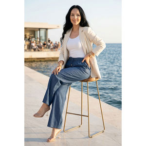 Casual for Tencel Denim <b>Trousers</b> with High <b>Waist</b> and Wide Leg <b>Elastic</b> Pockets-Breathable Blue Canvas - Product Image 3